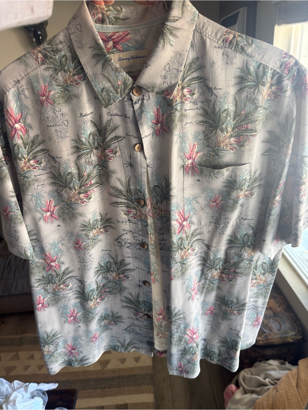 Tommy Bahama Pale Green Floral Camp Shirt with Pink Accents